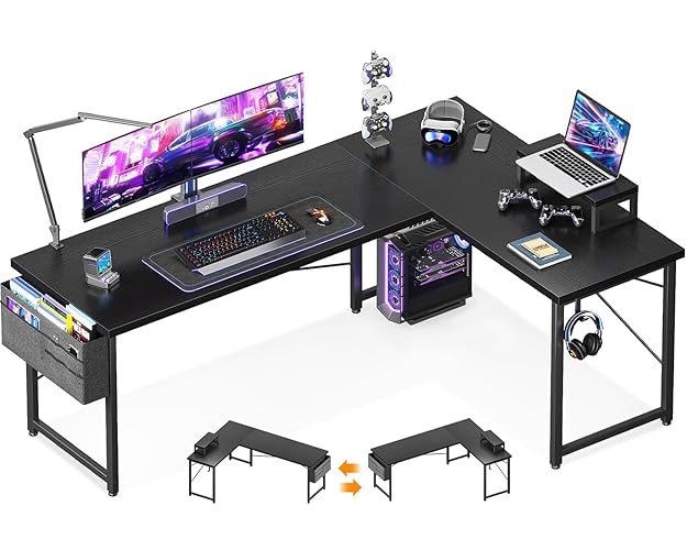 ODK L Shaped 66" Corner Desk, Computer Gaming Home Office Writing Desk with Monitor Shelf, Space-Saving Workstation Modern Simple Wooden Desk, Easy to Assemble, Black - 66 Inch - Black