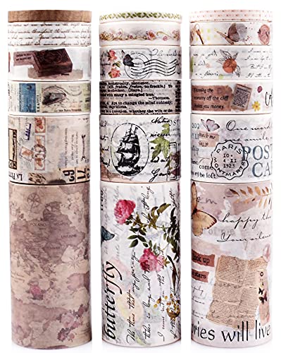 DAPUTOU 18 Rolls Vintage Washi Tape Set,75/30/15/10/5mm Wide Floral Map Stamp Letter Antique Retro Decorative Masking Tape Sets for Scrapbook, Craft,Kids,Scrapbooking Supplies
