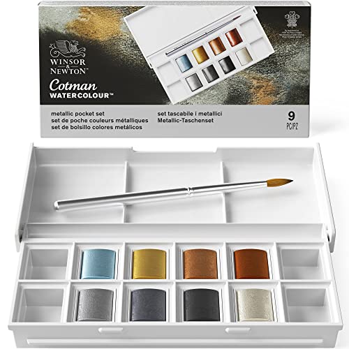 Winsor & Newton Cotman Watercolor Paint Set, 8 Half Pans, Metallic Colors w/ Brush - 8 Half Pan Metallic Colors