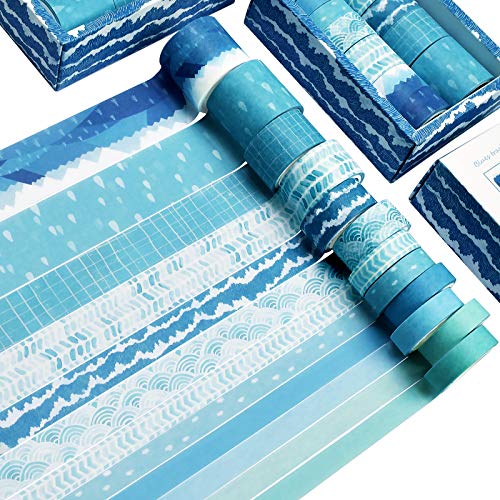 DAPUTOU Washi Tape Set of 12 Rolls,Blue Sea Wave Decorative Washi Masking Tape Sets for Craft,Kids,Scrapbook,DIY,Gift Wrapping - Blue