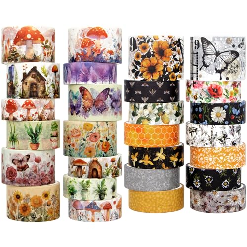 KOVANO Washi Tape Sets - Mushroom Butterfly Bee Floral Vintage Decorative Tape, Colored Masking Tape for Scrapbooking Supplies, Bullet Journal Supplies, Junk Journal, DIY Crafts Art