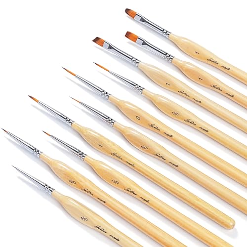 Golden Maple Miniature Paint Brushes 10pcs Detail Paint Brushes Flat Angle Filbert Fine Detail Brush Set for Acrylic, Watercolor, Dollhouse, Citadel, 40k. - Wood