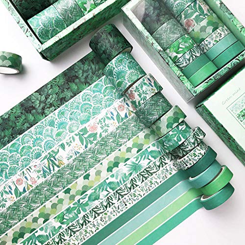 DAPUTOU 12 Rolls Green Washi Tape Set,Leaves Floral Tree Washi Masking Tape Colorful Decorative Painters Tape for Craft,Kids,Scrapbook,DIY,Gift Wrapping - Green
