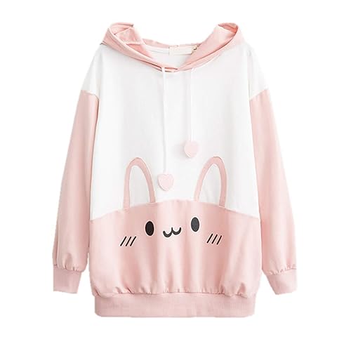Packitcute Bunny Hoodie Kawaii Print Loose Casual Pullover Hoodie Tops - Medium - Pink