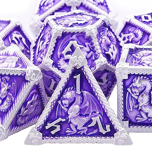 AUSTOR 7-Die Metal DND Dice Set Dungeons and Dragons Dice with Box Roll Playing Game Dice Polyhedral Dice D20 D12 D10 D% D8 D6 D4 Metal Dice for Pathfinder Warhammer MTG RPG Board Games - Violet With Silver Edge