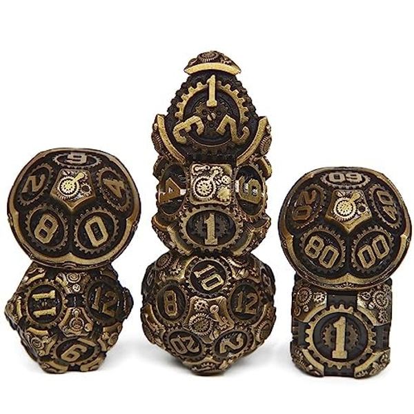 Metal DND Dice Set, Mechanical Gear Design DND Dice Set 7 Pieces Dungeons and Dragons Dice Set for Dungeons and Dragons Role Playing Game(RPG),MTG,Pathfinder,Table Game,Board Games - A-ancient Gold