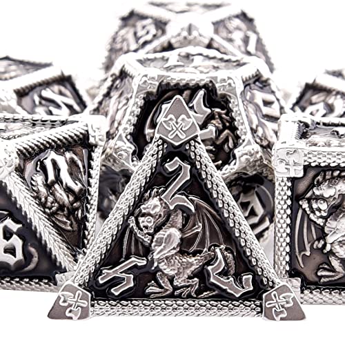 AUSTOR 7-Die Metal DND Dice Set Dungeons and Dragons Dice with Box Roll Playing Game Dice Polyhedral Dice D20 D12 D10 D% D8 D6 D4 Metal Dice for Pathfinder Warhammer MTG RPG Board Games - Black With Silver Edge
