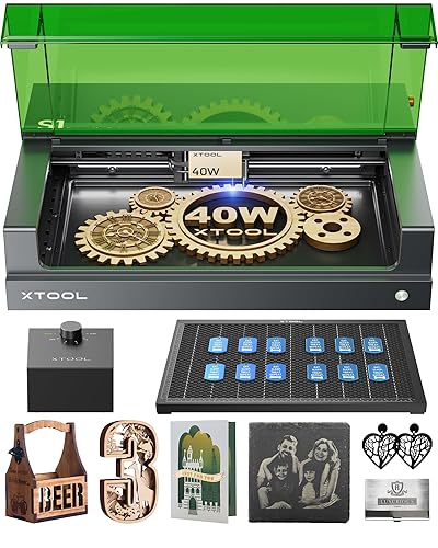 xTool S1 40W Laser Engraver and Cutter Machine with Air Assist & Honeycomb, 23.93" x 15.16" Bed Size, Beginner-Friendly, Laser Engravering Machine for Wood and Metal, Acrylic, etc. - Basic Bundle - Black - 40W