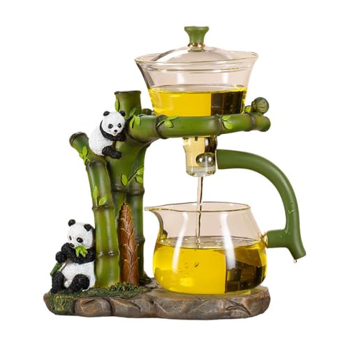 RORA Lazy Kungfu Glass Tea Set Semi Automatic Drip Rotating with Infuser Glass Teapot (Green Panda) - TEAPOT - Green