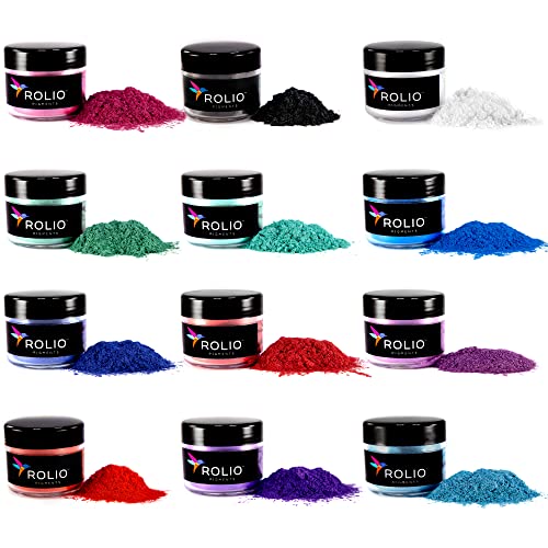 Rolio Mica Powder Pearlescent Color Pigment - Art Set for Resin Epoxy - for Soap Making, Nail Polish, Lip Gloss Set, Eye Shadow, Bath Bomb, Slime & Candle - 10g, 12 Jars - Northern Lights - Northern Lights