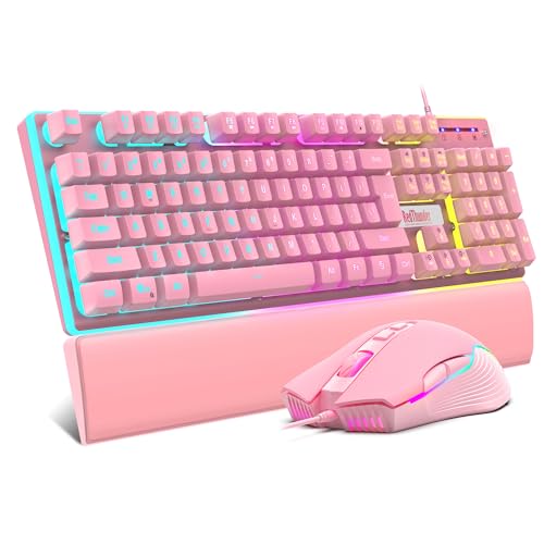 RedThunder K10 Wired Gaming Keyboard and Mouse and Wrist Rest Combo, RGB Backlit, Mechanical Feel Anti-ghosting Keyboard + 7D 7200 DPI Mice+Soft Leather Wrist Rest 3 in 1 PC Gamer Accessories(Pink) - Pink