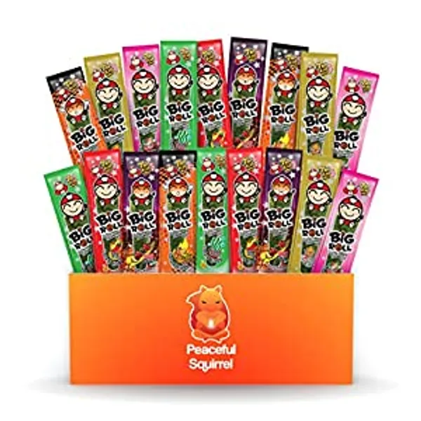 Peaceful Squirrel Variety, Tao Kae Noi Thai Big Rolls Seaweed Snacks Healthy On The Go Nori Snacks For Kids and Adults, 18-Pack, Variety of 6 Flavors, Omega-3s, Fiber, Antioxidants, Vitamin B12, 18 Rolls, 0.1 Ounce