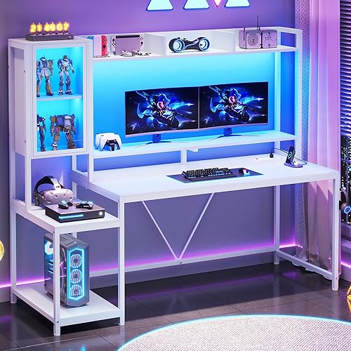 SEDETA White Gaming Desk, 60'' Gaming Desk with Hutch and LED Lights, Computer Desk with Storage Shelves, Large PC Gamer Desk with Display Cabinet, Monitor Stand, Power Outlet for Home Office - White