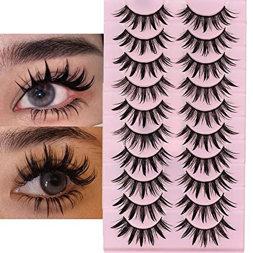 DSLONG 10 Pairs Manga Lashes Wet Look Lashes Effect Cat Eye Lashes Extension Fluffy Spiky Mink Lashes Japanese Cosplay Styles Anime Fake Eyelashes Reusable - A-04