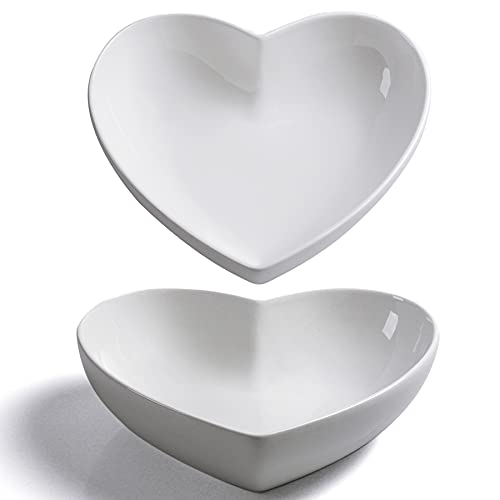 Keponbee 2pcs Porcelain Big Heart-shaped Bowls White Deep Heart Plates Salad Bowl/Fruit Bowl for Desserts/Pasta/Dinner, 8" - 1000ml/2pcs