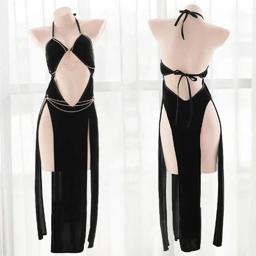 Deep V-neck Hollow Out Backless Chain Split Dress