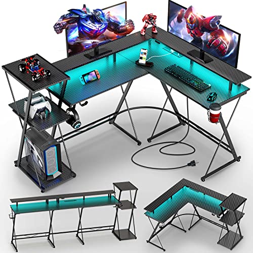 SEVEN WARRIOR L Shaped Gaming Desk with LED Lights & Power Outlets, 50” Reversible Computer Desk with Storage Shelf & Monitor Stand, Corner Desk with Cup Holder, with Headphone Hook, Black - 50.4 INCH