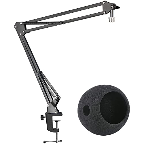 Mic Stand with Foam Windscreen For Blue Snowball, Suspension Boom Scissor Arm Stand with Pop Filter Cover for Microphones iCE USB Mic by SUNMON - Mic Stand and Pop Filter