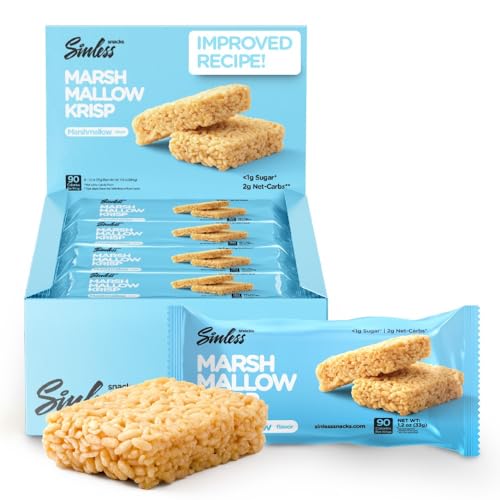 New Improved Recipe - Sinless Snacks Marsh Mallow Krisp - Perfect Keto Snacks - Delicious Gluten Free Low Carb Snacks - Marshmallow Keto Cereal Bars – Soft & Chewy Low Sugar Snack – Less Than 1g Sugar - 10g Protein - 2g Net-Carbs –8 Count