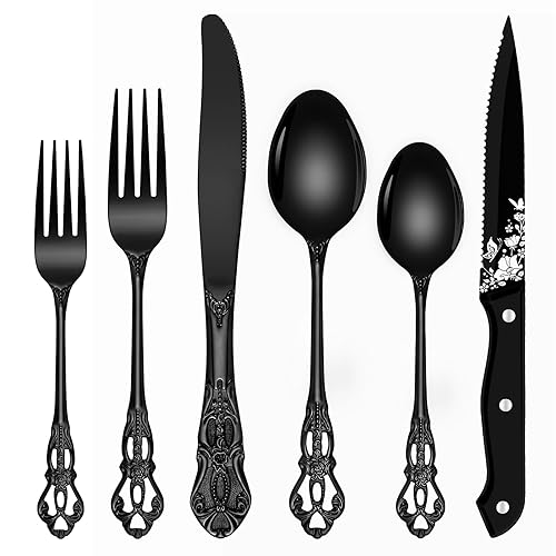 Black Silverware Set For 8, Ollex 48 PCS Retro Royal Silverware Flatware Set with Black Spoons Forks Knives Set, Mirror Polished Stainless Steel vintage Utensils Set, Dishwasher Safe - 48pcs Black Silverware Set - 48