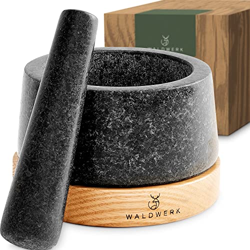 WALDWERK Mortar and Pestle - Mortar and Pestle Set with Anti-Scratch Oak Wood Base - Mortar with Extra Large Pestle Made of Natural Granite - Large Mortar and Pestle - Ideal for Guacamole - Granite & Oak Wood