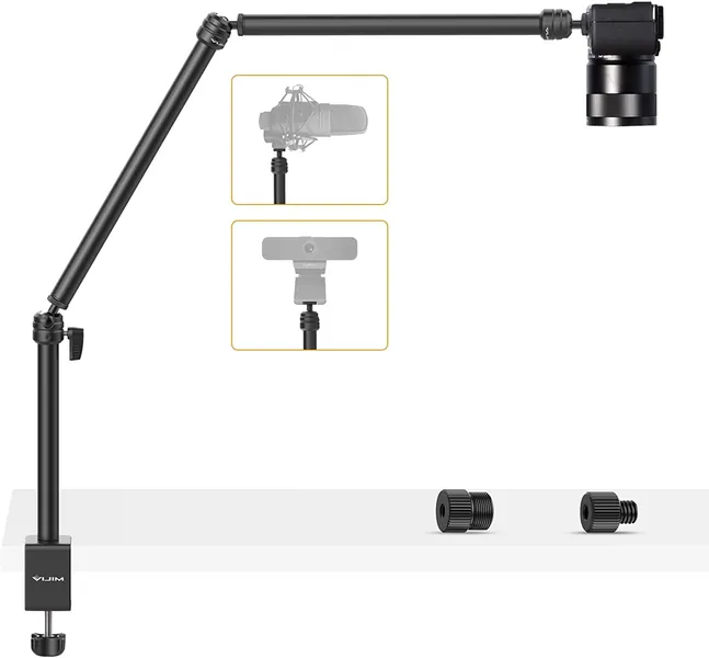 VIJIM LS08 Overhead Camera Desk Mount Stand, Flexible Webcam Stand Microphone Boom Arm, 360° Rotation Tabletop Aluminum C-Clamp Stand, Standard ¼ ⅜ ⅝ Screw for DSLR Camera, Microphone & Webcam - 