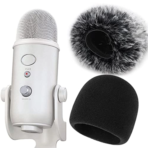 YOUSHARES Foam Microphone Windscreen with Furry Windscreen Muff - Mic Wind Cover Pop Filter for Blue Yeti, Blue Yeti Pro USB Microphone (2 Pack)