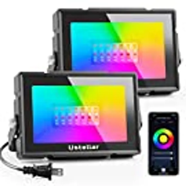 USTELLAR Smart WiFi LED Flood Lights Outdoor, RGB Color Changing Stage Landscape Lighting with APP Group Control, Timing, Alexa, Outdoor Uplights IP66 Spotlights for Christmas Halloween Party, 2 Pack