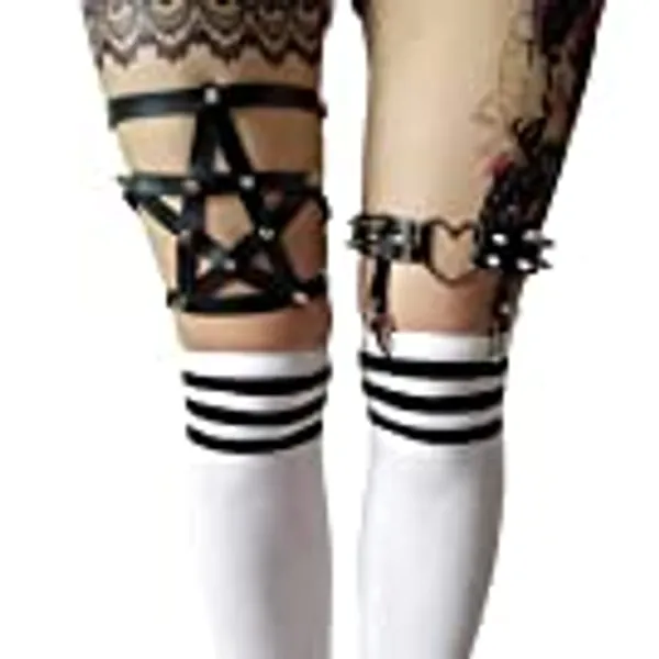 Women Girl Sexy Garters Punk Rock Rivet Pentagram Leather Ring Garters