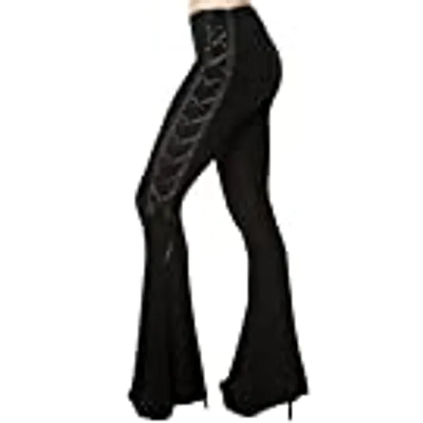 Lost Queen Gothic Steampunk Punk Black Side Corset Stretch Bell Bottom Pants