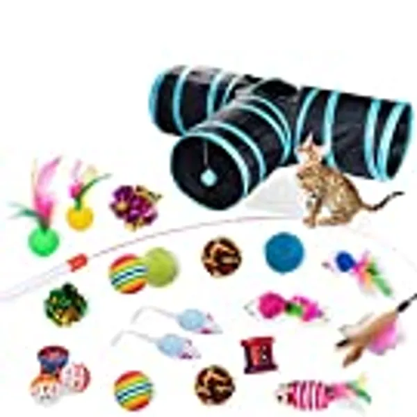 Dono 21Pcs Cats Feather Toys-Kitten Interactive Pet Toys Assortments (2 or 3 Way Hole Tunnel) Cat Feather Wand Fun Ball Chew Sticks, Fluffy Mouse, Fake Mice, Crinkle Balls, Bell Play Supplies