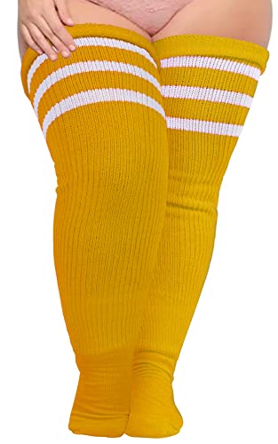 Plus Size Womens Thigh High Socks for Thick Thighs- Extra Long Striped Thick Over the Knee Socks- Leg Warmer Boot Socks - Large Plus - Bright Ginger Yellow & White