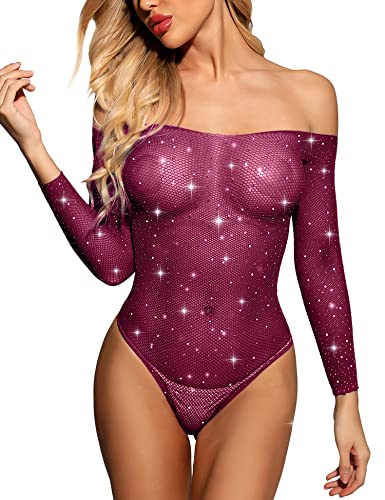RSLOVE Women Lingerie Fishnet Bodysuit Sparkle Rhinestone Sexy Mesh Teddy Lingerie - One Size - Grape Purple