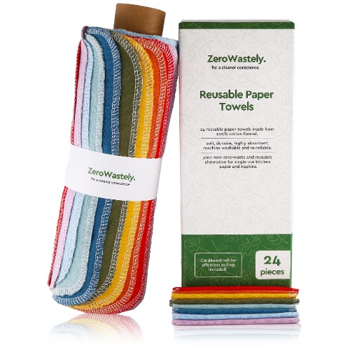 Reusable Paper Towels - Value Pack of 24 Paperless Paper Towels! - 100% Cotton, Super Soft, Absorbent, Washable and Made To Last - Cut Back and Waste Less with our Cloth Paper Towels! By ZeroWastely - Rainbow