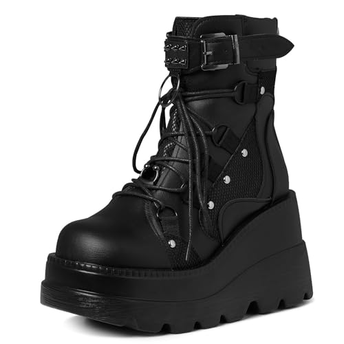 Tscoyuki Platform Ankle Boots for Women Chunky High Heel Booties Goth Round Toe Combat Boots Women Lace Up Motorcycle Wedges - 9.5 - 1-black