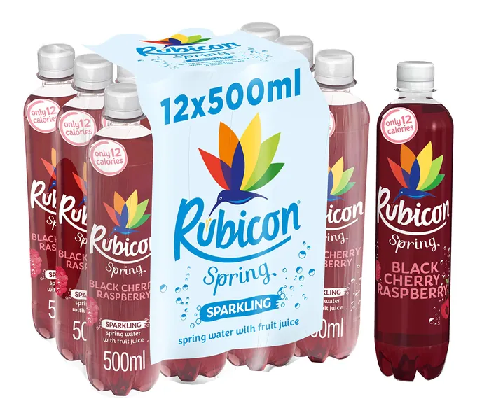 Rubicon Spring, Sparkling Spring Water with Real Fruit Juice & Natural Flavours, Only 12 Calories, 500ml Multipack Bottles, 12 Pack, Black Cherry Raspberry