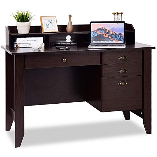 Tangkula Computer Desk with 4 Storage Drawers & Hutch, Home Office Desk Vintage Desk with Storage Shelves, Wooden Executive Desk Writing Study Desk (Brown) - Brown