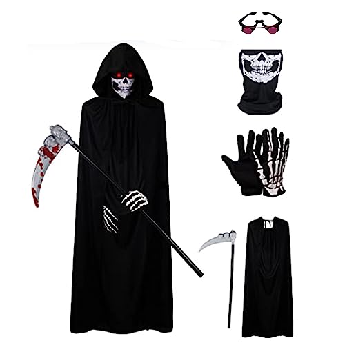 Kephay Halloween Grim Reaper Costumes for Boys Adult Grim Reaper Costume Kids 5Pcs Set Scary Ghost Cosplay Outfit Favors Gift - Kid