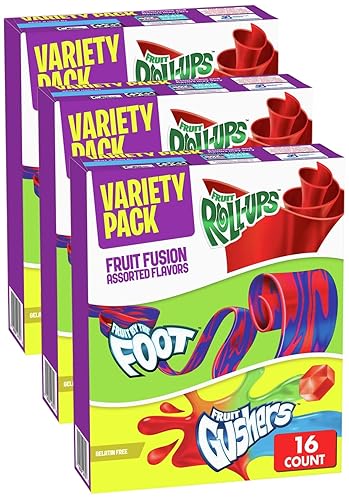 Fruit Roll-Ups, Fruit by the Foot, Gushers, Snacks Variety Pack, 16 ct (Pack of 3) - 16 Count (Pack of 3)