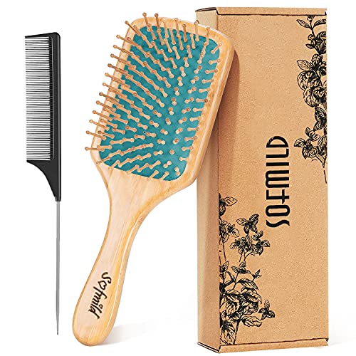 Hair Brush, Eco-Friendly Bamboo Paddle Hairbrush for Long Short Curly Thick Thin Hair for Men Women Kids, Massaging Scalp, Reducing Tangle & Hair Breakage, Promoting Hair Growth (Blue) - Normal-Blue