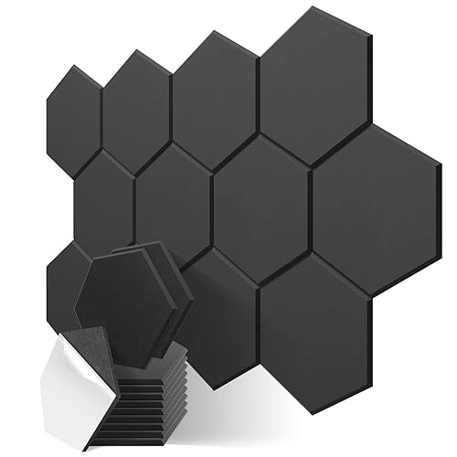 JBER 12 Pack Hexagon Acoustic Panels Beveled Edge Sound Proof Foam Panels Self-adhesive,30x26x1cm High-Density Sound Absorbing Panels Wall For Acoustic Treatment,Home Office (BLACK) - 30 X 26 X 1cm - Black-12 pack-Self Adhesive