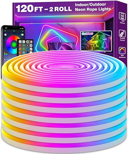 AILBTON 36m Neon Cord Lights, Flexible LED Cord Lights Controlled with App/Remote, Multiple Modes, IP65 Outdoor RGB Neon Lights Waterproof, Music Sync Led Neon Light Strip for Bedroom Decoration - 36M Neon Rope