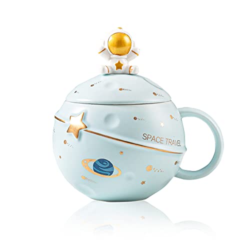Yalucky Kawaii Astronaut Cup Space Embossed Planet Mug, Cute Ceramic Coffee Mug, Novelty Mug with Lid and Spoon for Coffee, Tea, Milk, Aesthetic Room Decor Funny Gift for Girl Boy Women (Blue) - Blue