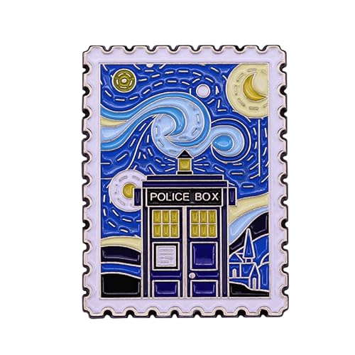 Tardis Starry Night Dr Who Van Gogh Police Box Stamp 1.6" Enamel Pin Badge, 1.6 inches tall, enamel, enamel