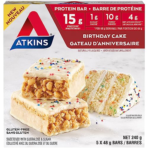 Atkins Protein Bars - Birthday Cake, Low Sugar, Keto Friendly, High Protein, High Fibre, 1g Sugar, 4g Carbs, 5ct - Birthday Cake