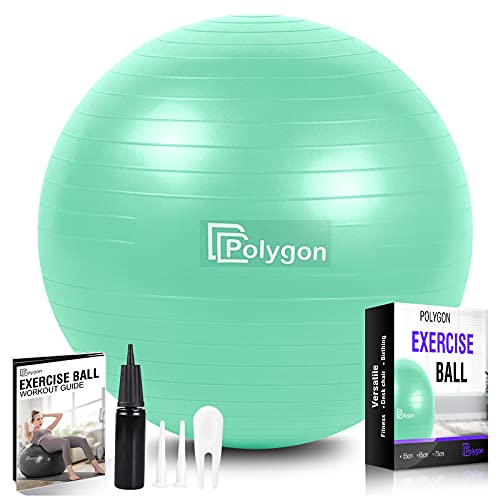 Polygon Exercise Ball, Professional Grade Anti-Burst Balance Ball for Yoga, Birthing, Stability, Core Exercise, Fitness, Workout Guide Included - 75CM - Mint