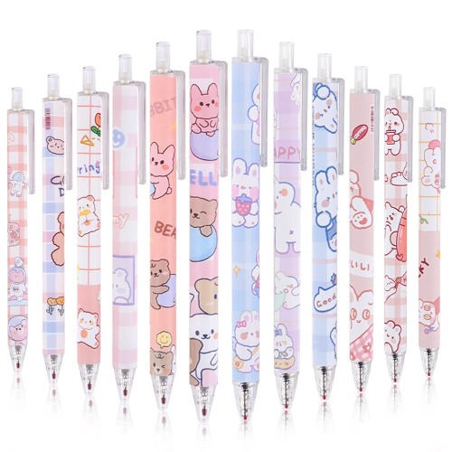 12pcs Black Cute Retractable Pens SHAIDOJIO, 0.5mm Rollerball Cartoon Gel Ink Ballpoint Pen for Kids Girl Women Journaling Writing, Note Taking, School Supplies, Office, Home… - Set B 12pcs