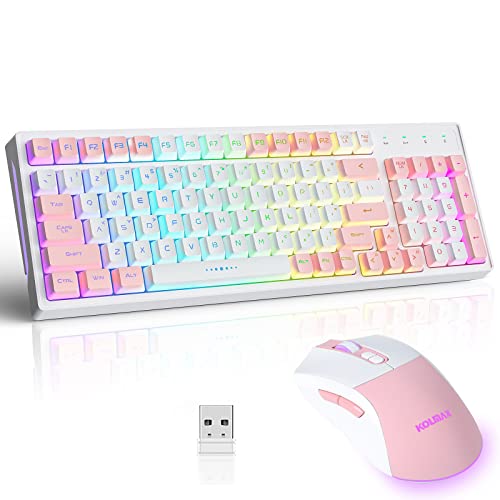 CK98 Wireless Rechargeable Backlit Keyboard and Mouse Combo, RGB White Keyboard with 98 Keys, Dual Color Mouse with 3200DPI for PC Mac Gamers (White/Pink) - White Combo