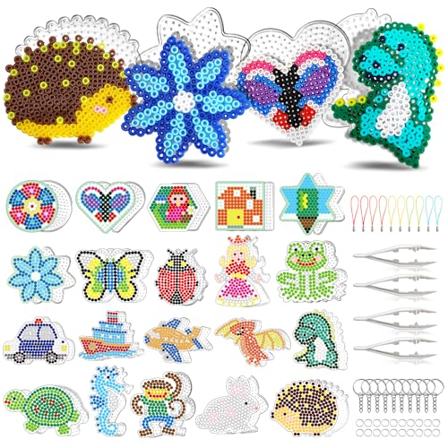 FUNZBO 20 Pieces 5mm Fuse Beads Pegboards - Animal Shape Pegboards for Arts and Crafts Projects with KeyChains, Hang Ropes and Beads Tweezers, Fuse Beads Gift Set