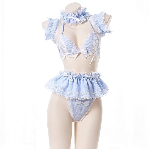 Jilneed Lolita Cute Maid Lingerie Set for Women for Sex Anime Cosplay Costume Lace Bikini Outfit - Blue - Medium